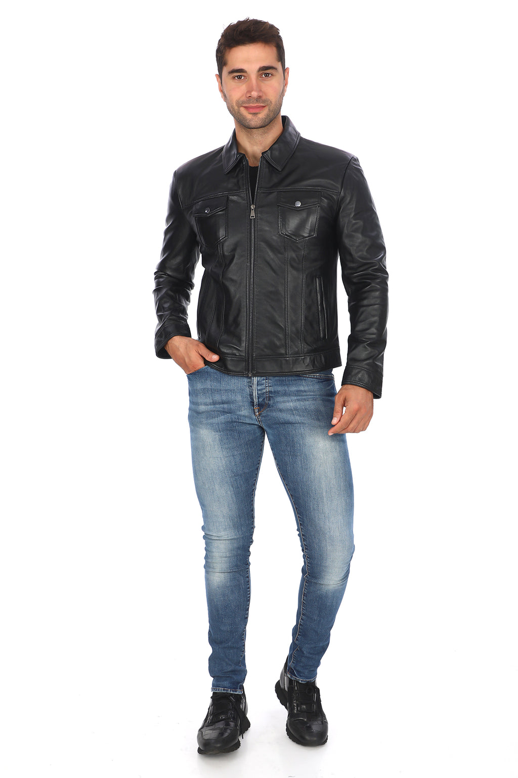 Casual Gömlek Yaka Deri Ceket