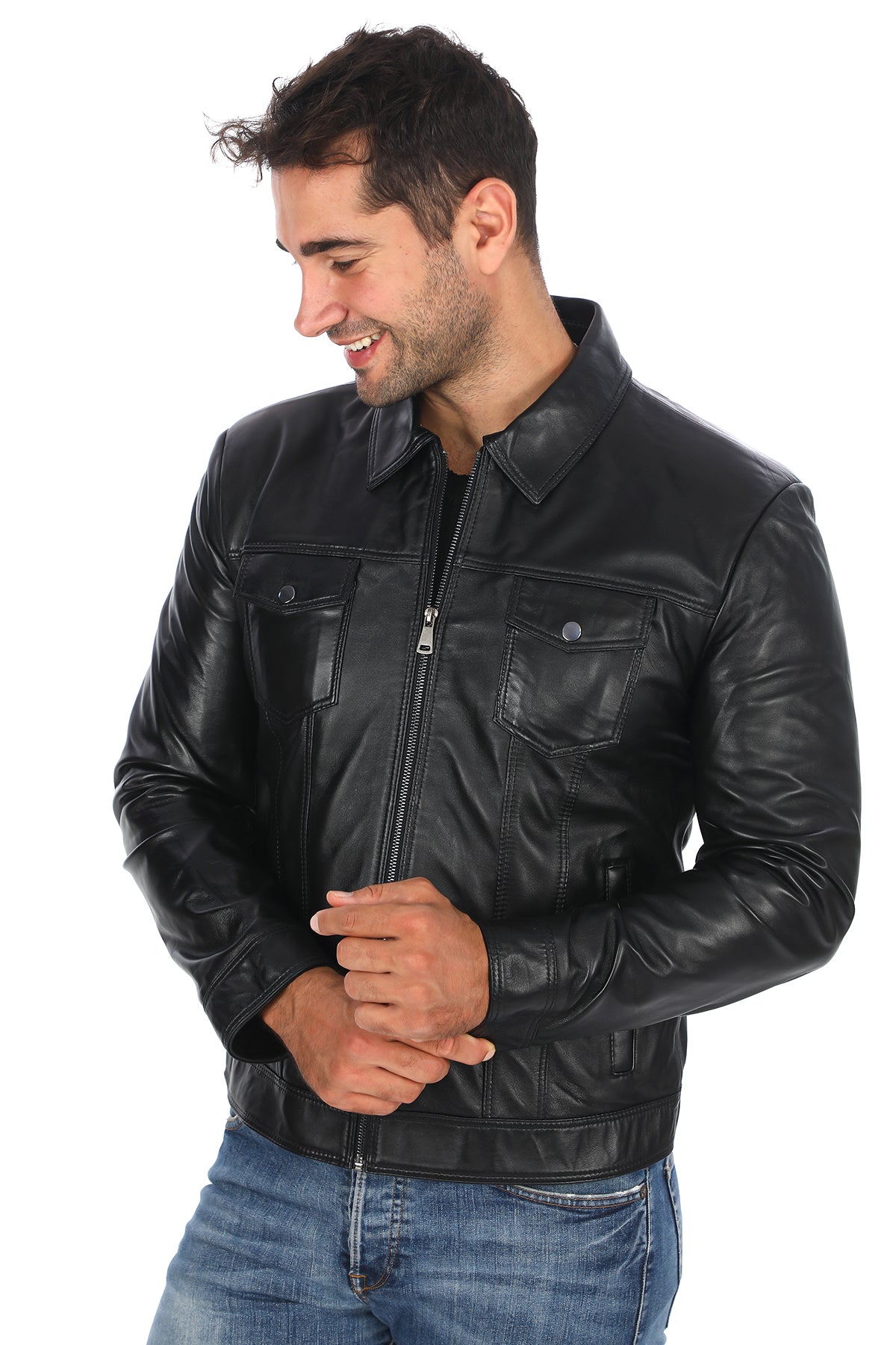 Casual Gömlek Yaka Deri Ceket