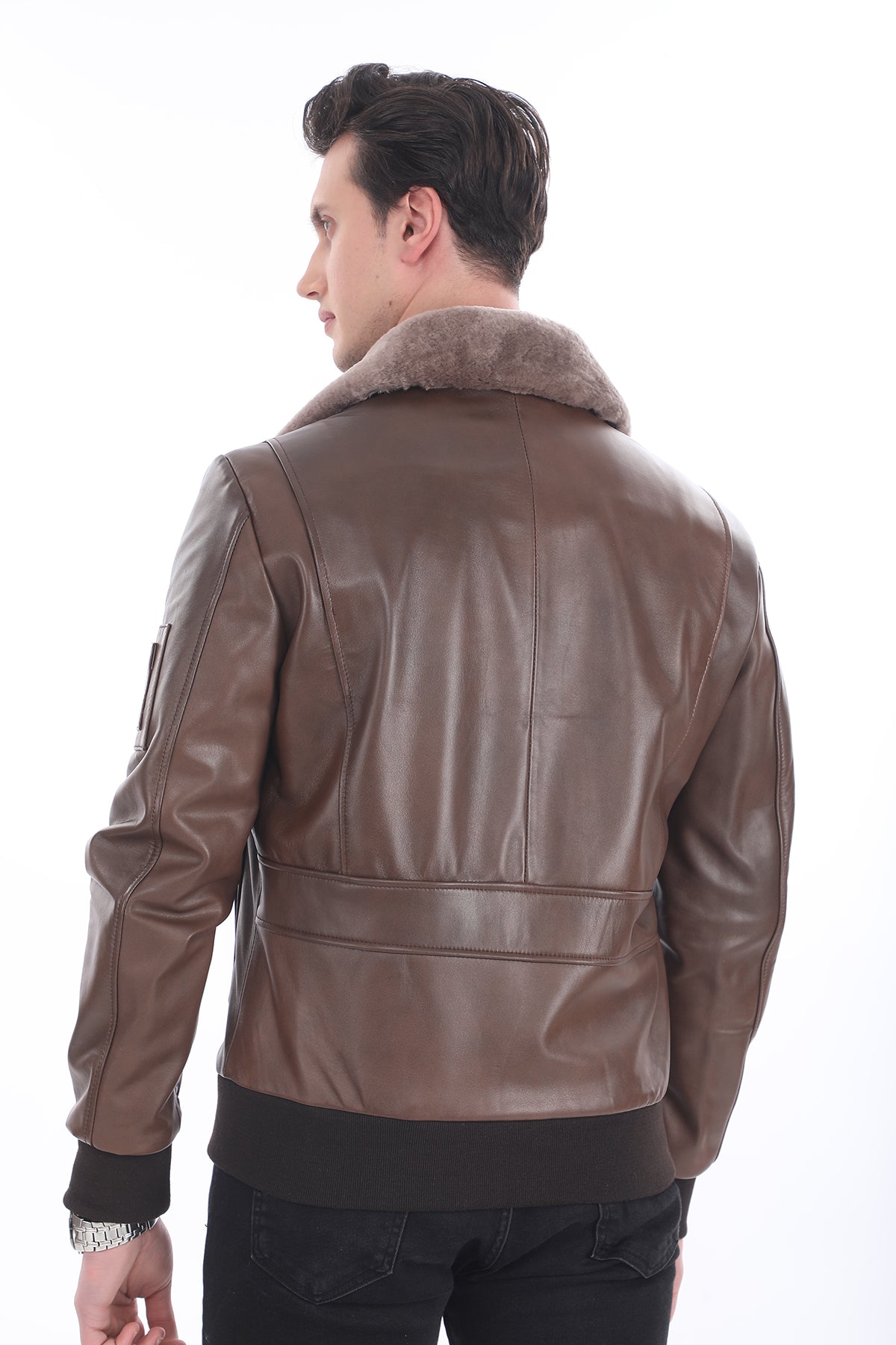 Kürklü Yaka Patch Detaylı Deri Ceket