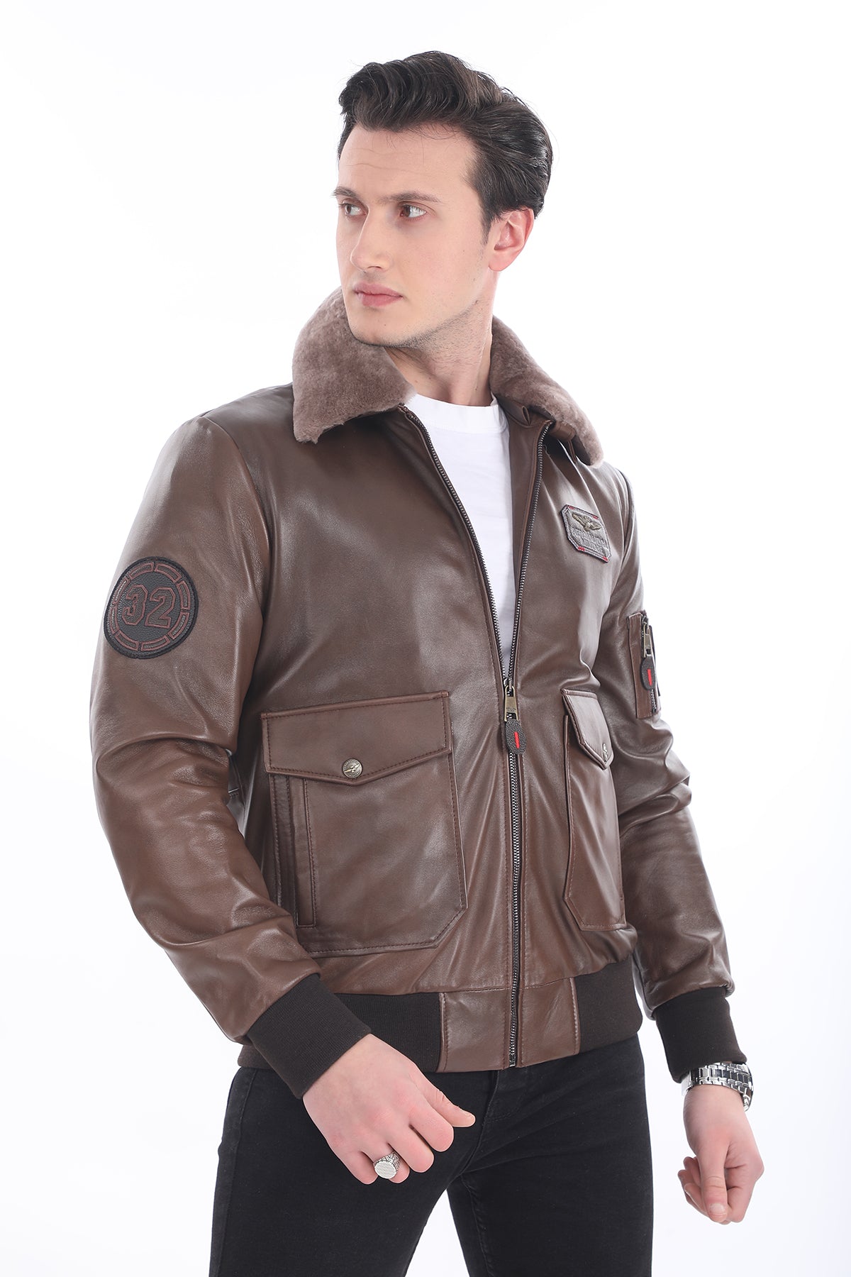 Kürklü Yaka Patch Detaylı Deri Ceket