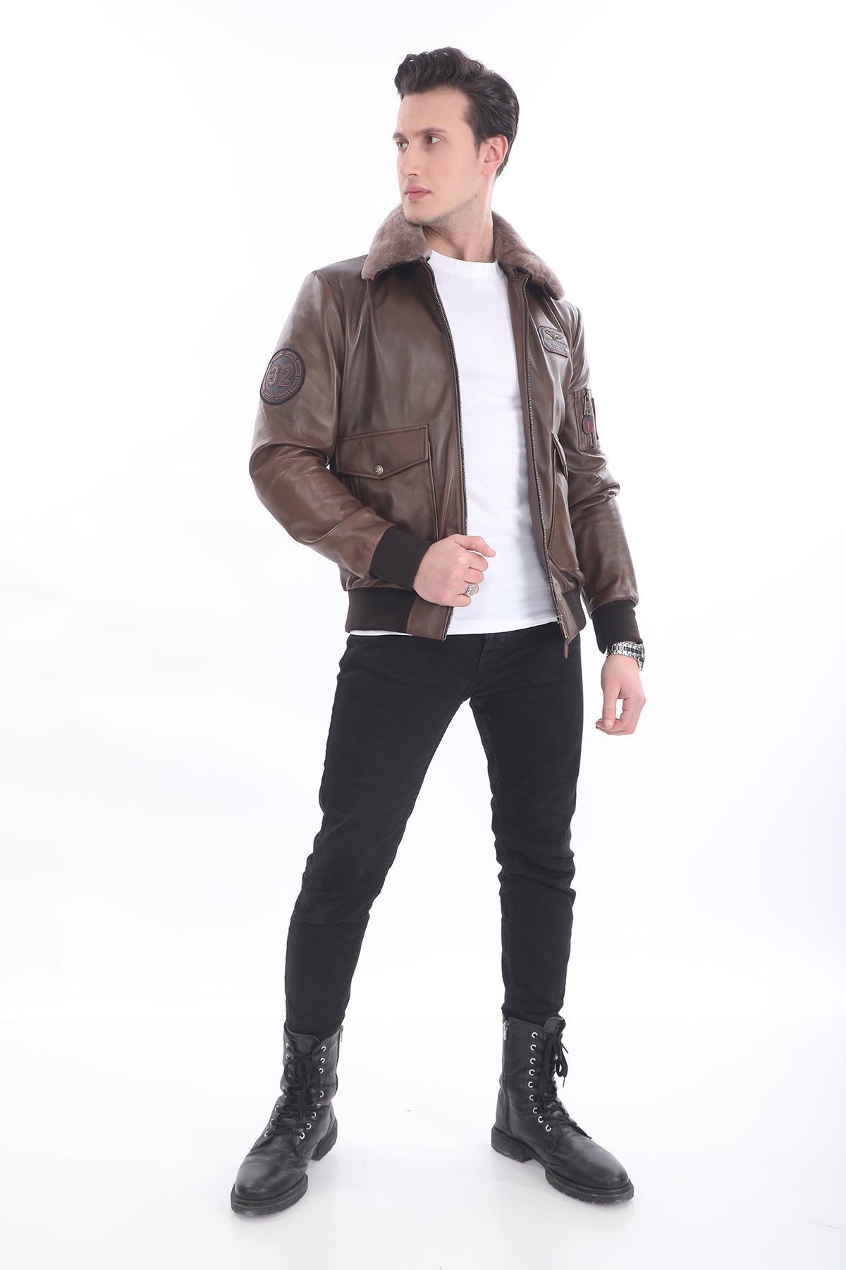 Kürklü Yaka Patch Detaylı Deri Ceket