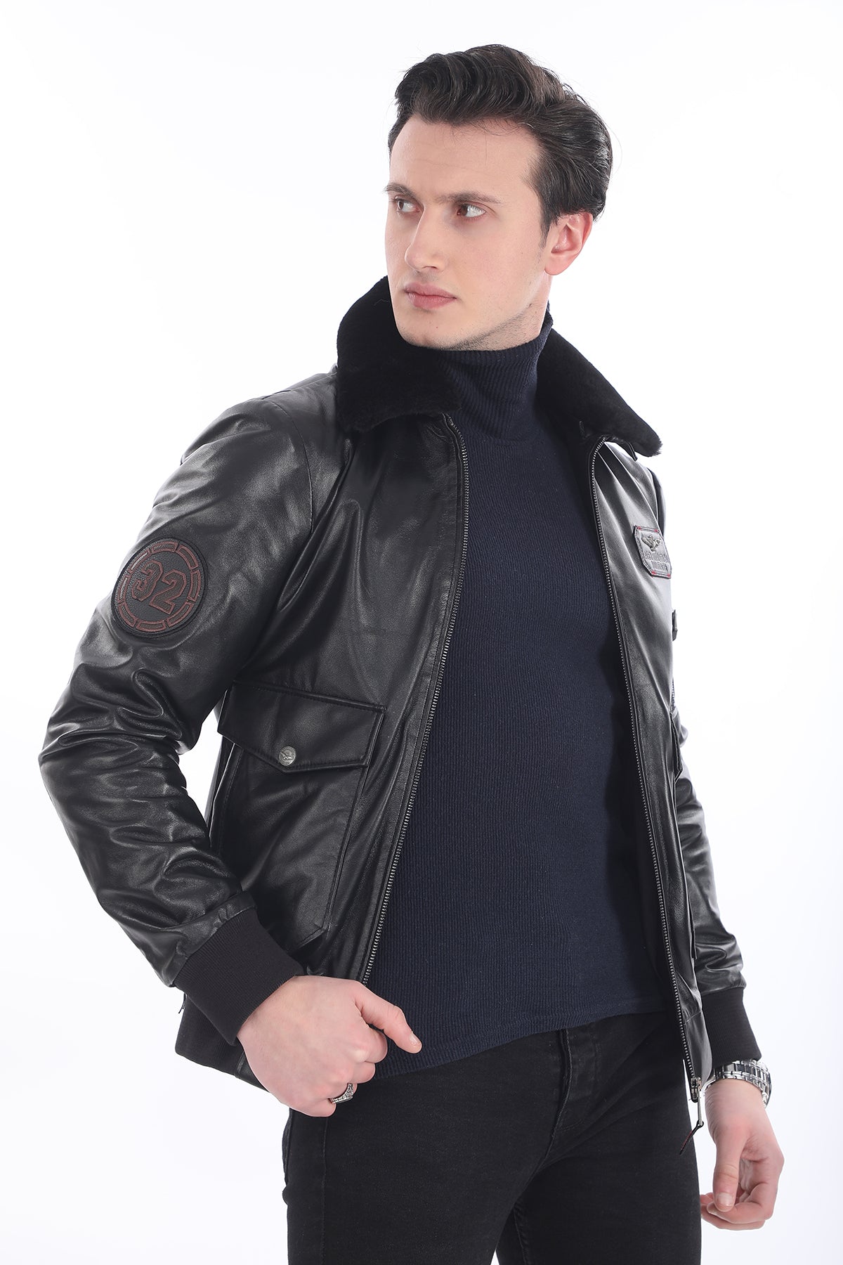 Kürklü Yaka Patch Detaylı Deri Ceket