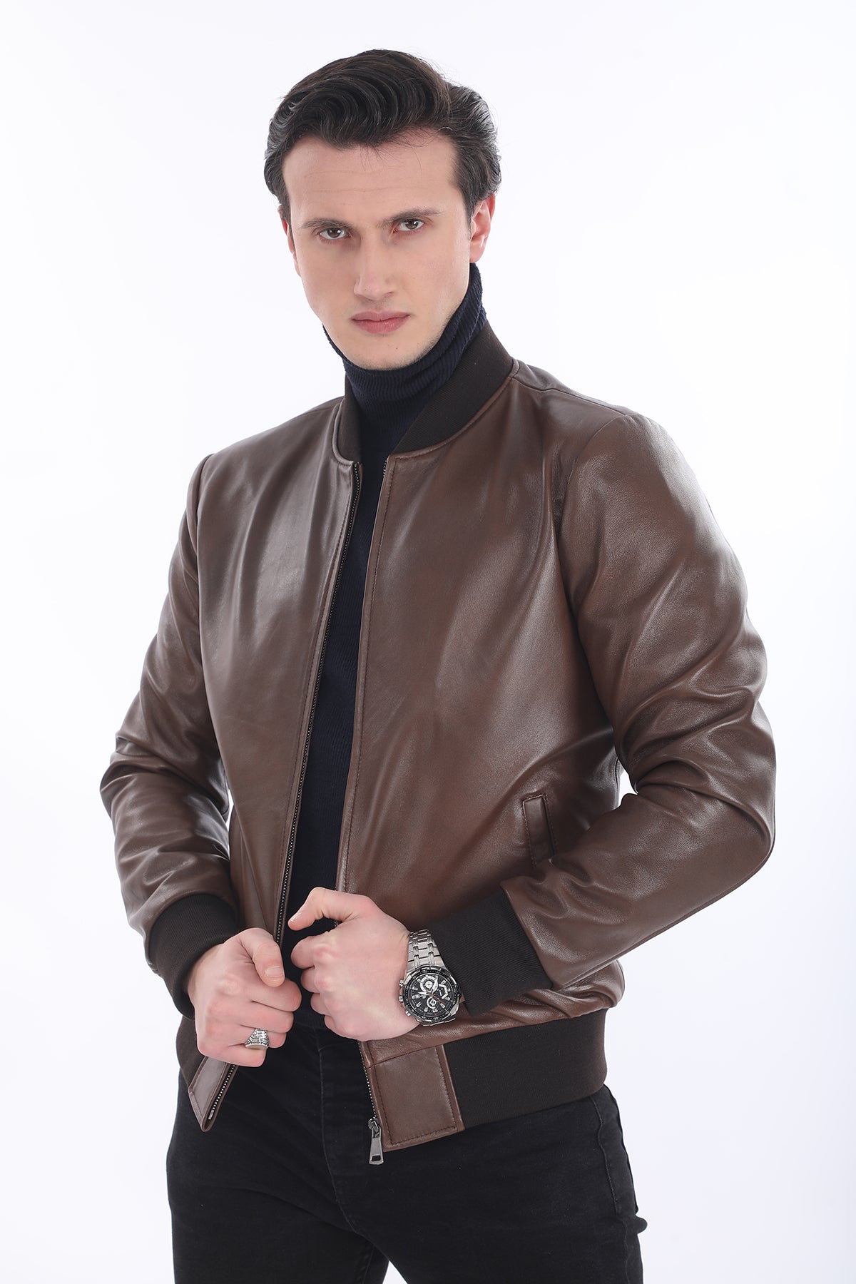 Ribanalı Hakim Yaka Deri Ceket