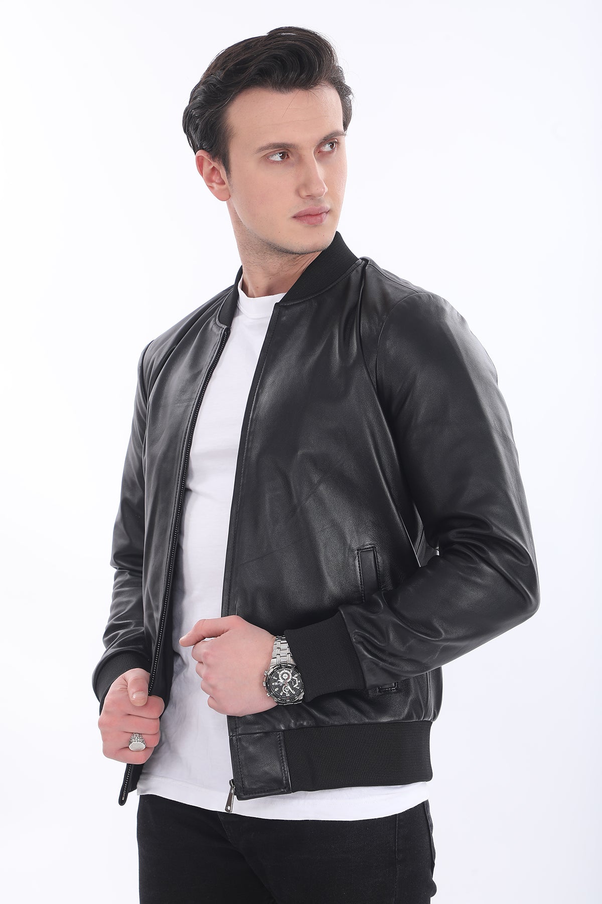 Ribanalı Hakim Yaka Deri Ceket